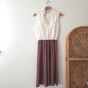 Vintage Jane Baar Lace Midi Dress S Brown White Western 70s